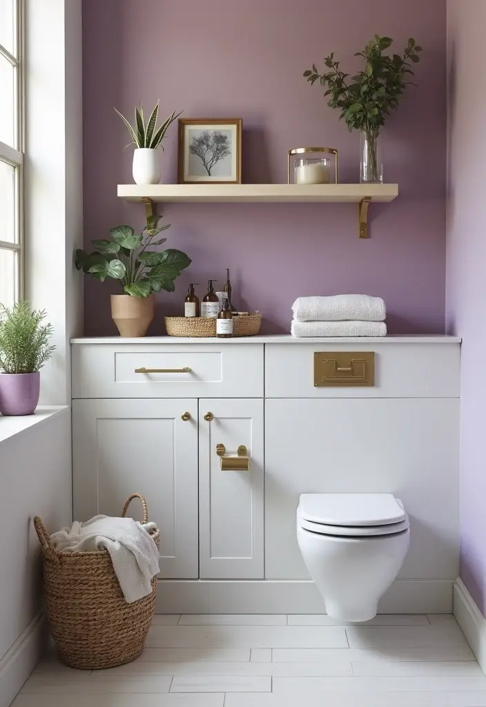 28 Plum Bathroom Ideas With Deep Luxurious Tones - 15. Plum Floating Shelves
