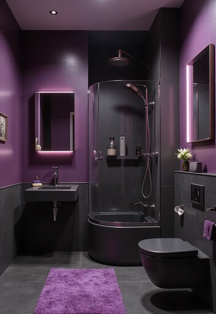 28 Plum Bathroom Ideas With Deep Luxurious Tones - 18. Plum and Black Contrast