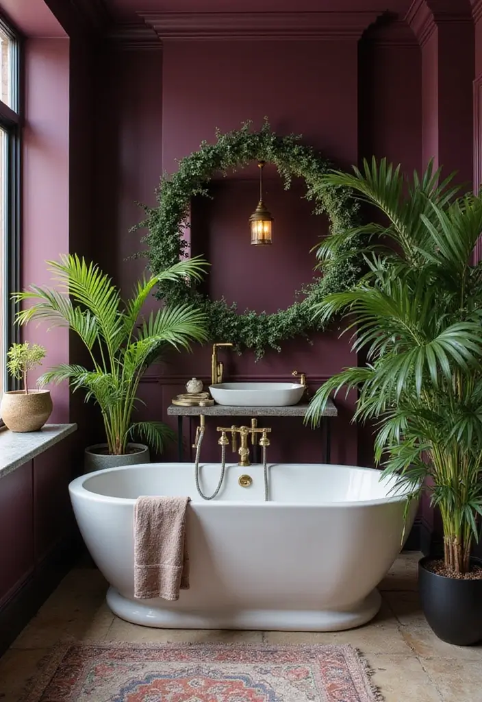 28 Plum Bathroom Ideas With Deep Luxurious Tones - 21. Plum and Greenery