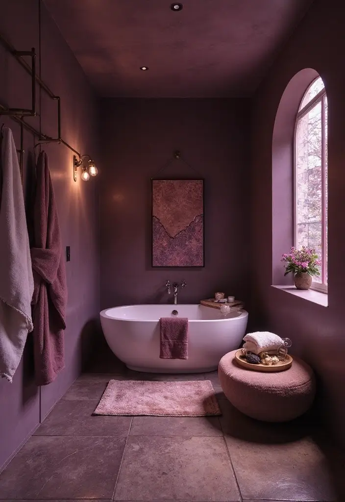 28 Plum Bathroom Ideas With Deep Luxurious Tones - 22. Plum Spa Retreat