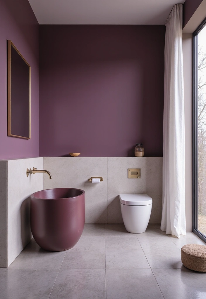 28 Plum Bathroom Ideas With Deep Luxurious Tones - 28. Plum Color-Blocked Walls
