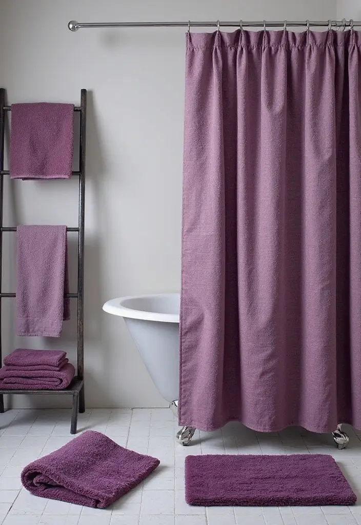 28 Plum Bathroom Ideas With Deep Luxurious Tones - 3. Plum Curtains and Accessories
