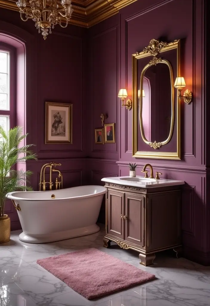 28 Plum Bathroom Ideas With Deep Luxurious Tones - 5. Plum and Gold Combination