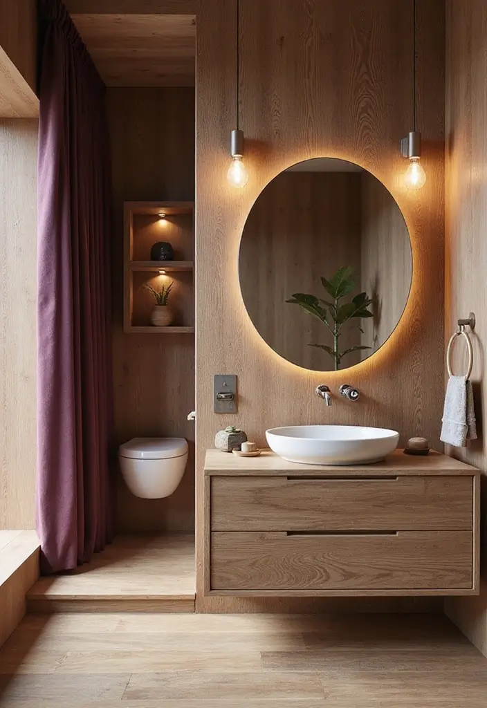 28 Plum Bathroom Ideas With Deep Luxurious Tones - 8. Natural Wood and Plum Contrast