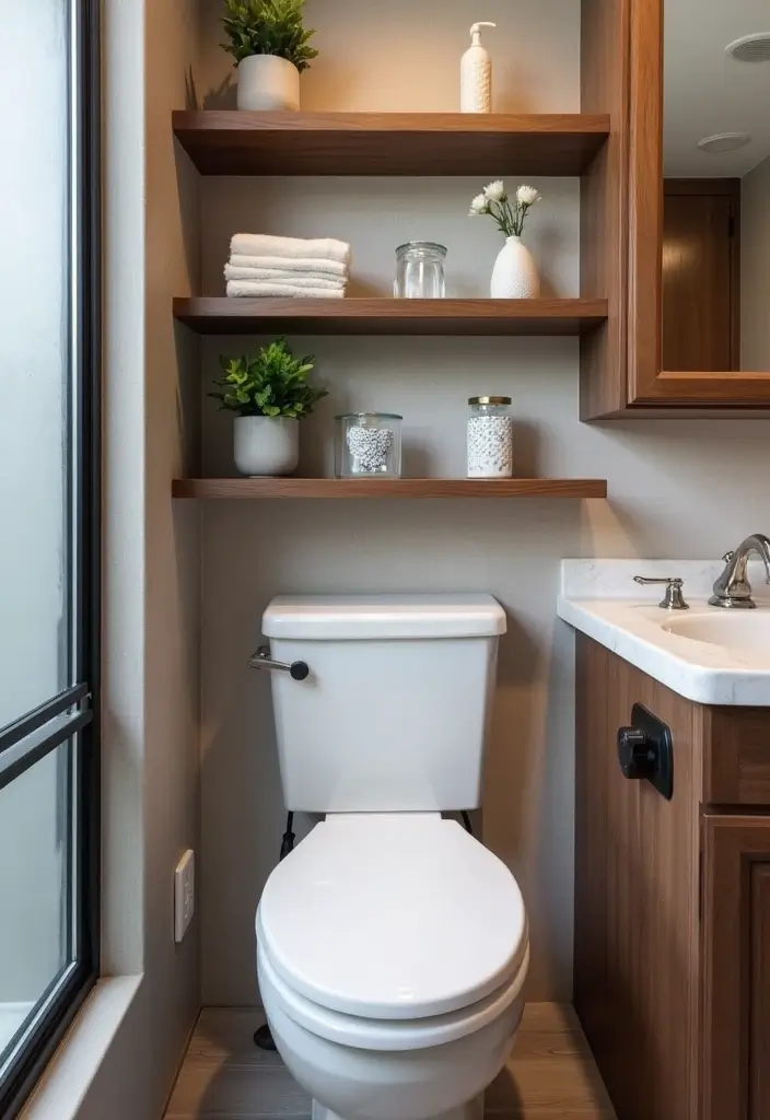 28 RV Bathroom Remodel Ideas That Save Space - 1. Floating Shelves for Storage