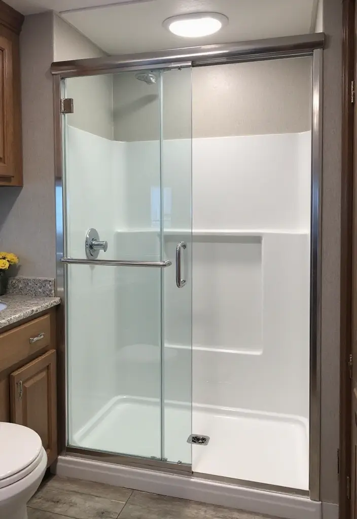 28 RV Bathroom Remodel Ideas That Save Space - 11. Sliding Shower Doors