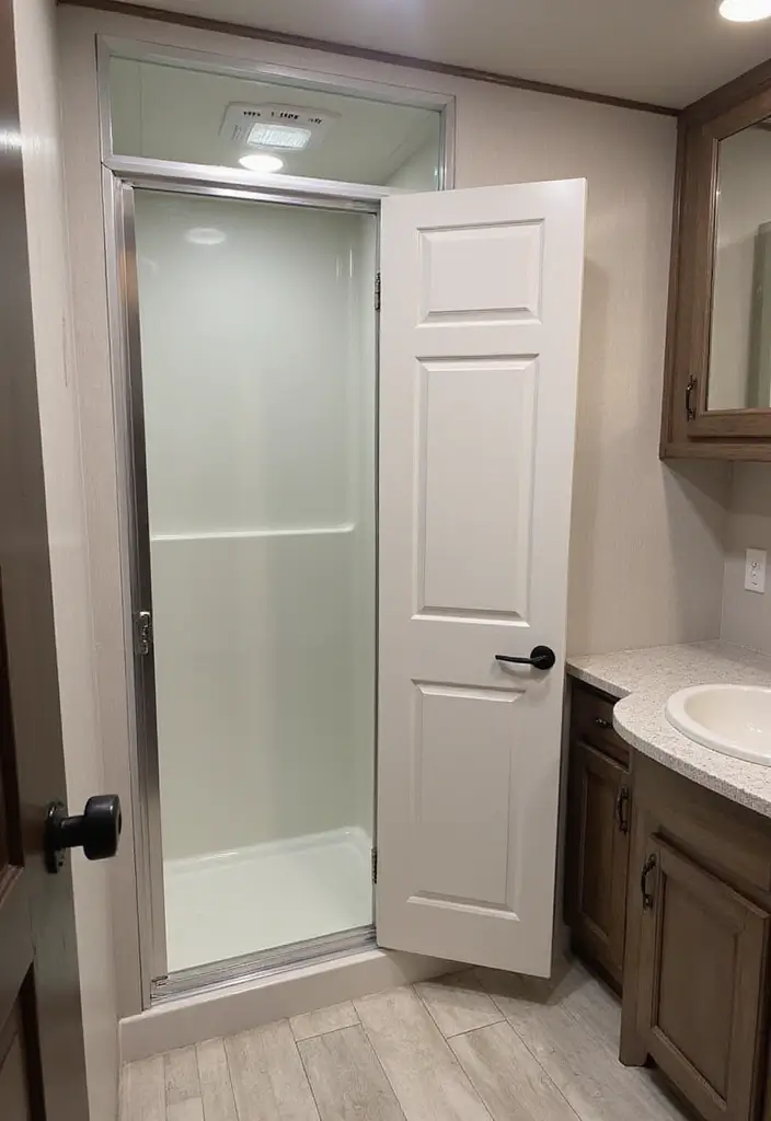 28 RV Bathroom Remodel Ideas That Save Space - 12. Pocket Doors
