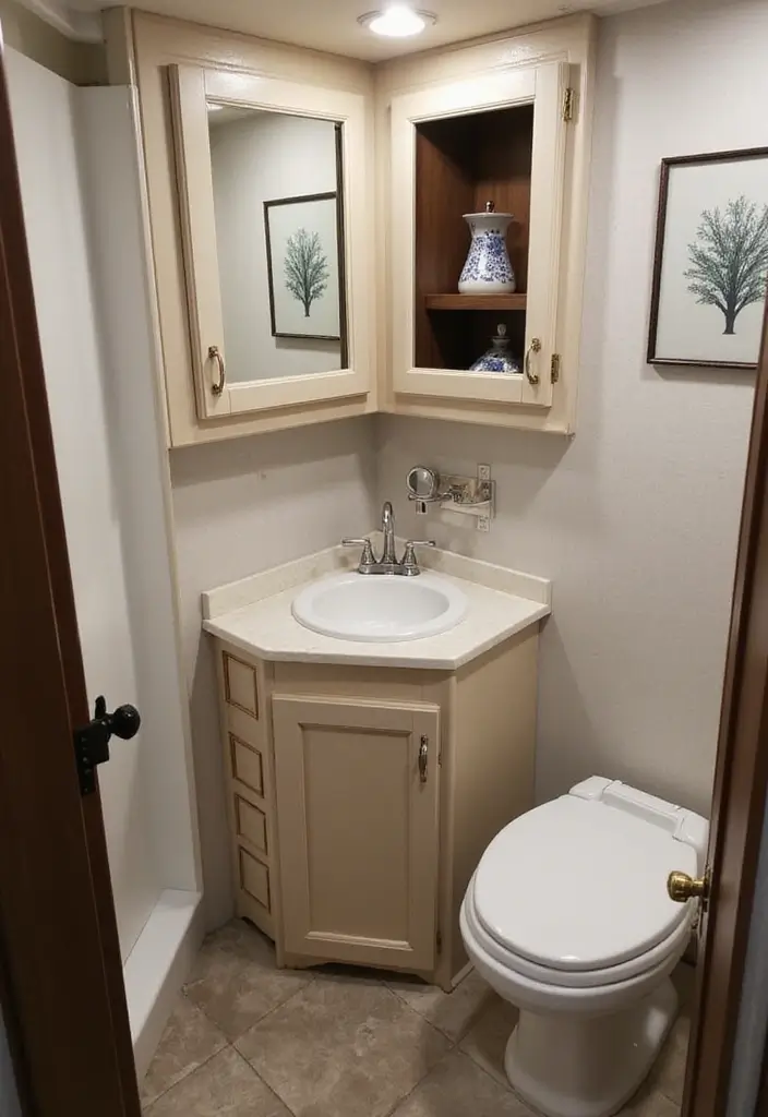 28 RV Bathroom Remodel Ideas That Save Space - 2. Corner Vanity Units
