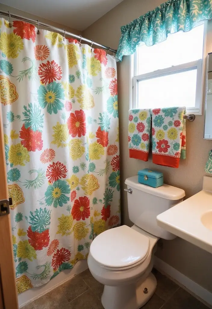 28 RV Bathroom Remodel Ideas That Save Space - 20. Fun Textiles