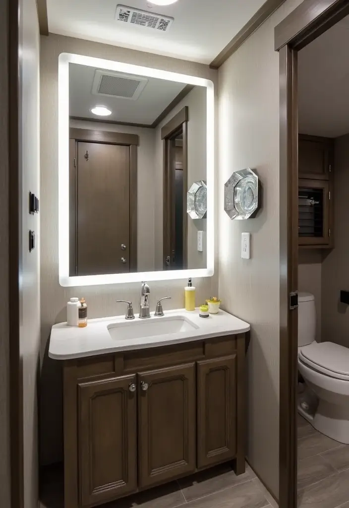 28 RV Bathroom Remodel Ideas That Save Space - 22. Smart Mirrors