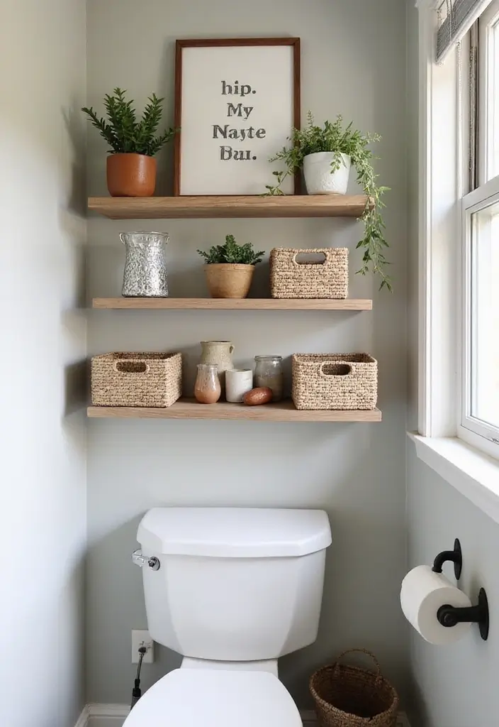 28 Toilet and Sink Bathroom Ideas That Maximize Small Spaces - 5. Open Shelving Above the Toilet