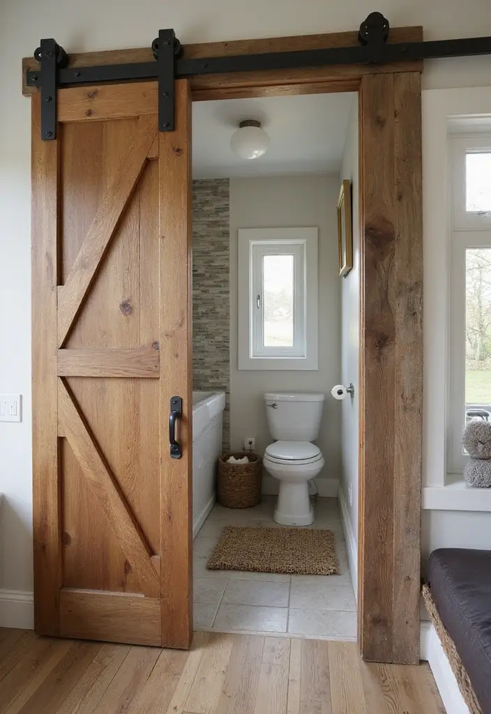 28 Toilet and Sink Bathroom Ideas That Maximize Small Spaces - 8. Sliding Barn Door for Bathroom Access