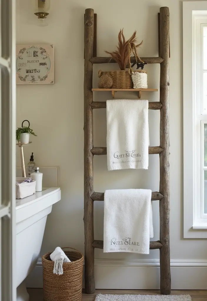 28 Whimsical Bathroom Ideas That Feel Magical - 25. Charming Storage Ladder