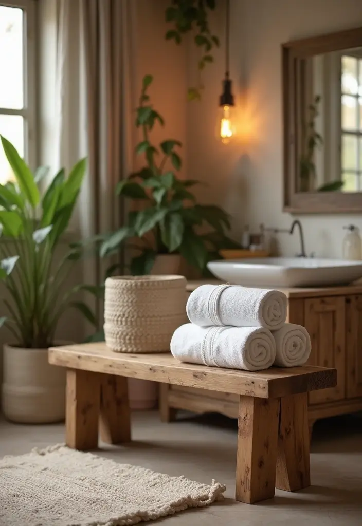 29 Bathroom Bench Ideas That Add Comfort and Functionality - 1. Rustic Wooden Bench