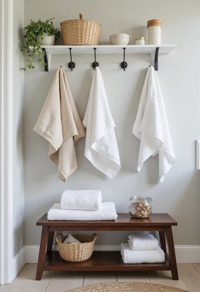 29 Bathroom Bench Ideas That Add Comfort and Functionality - 10. Bench with Hooks