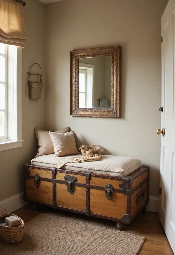 29 Bathroom Bench Ideas That Add Comfort and Functionality - 12. Vintage Trunk Bench