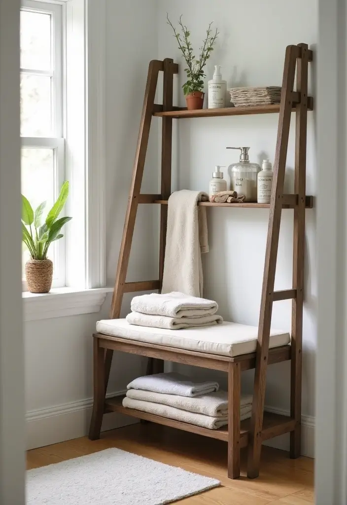 29 Bathroom Bench Ideas That Add Comfort and Functionality - 16. Storage Ladder Bench
