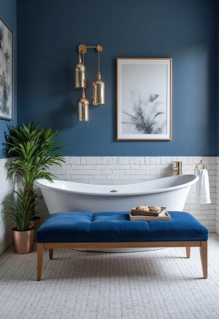 29 Bathroom Bench Ideas That Add Comfort and Functionality - 18. Navy Blue Accent Bench
