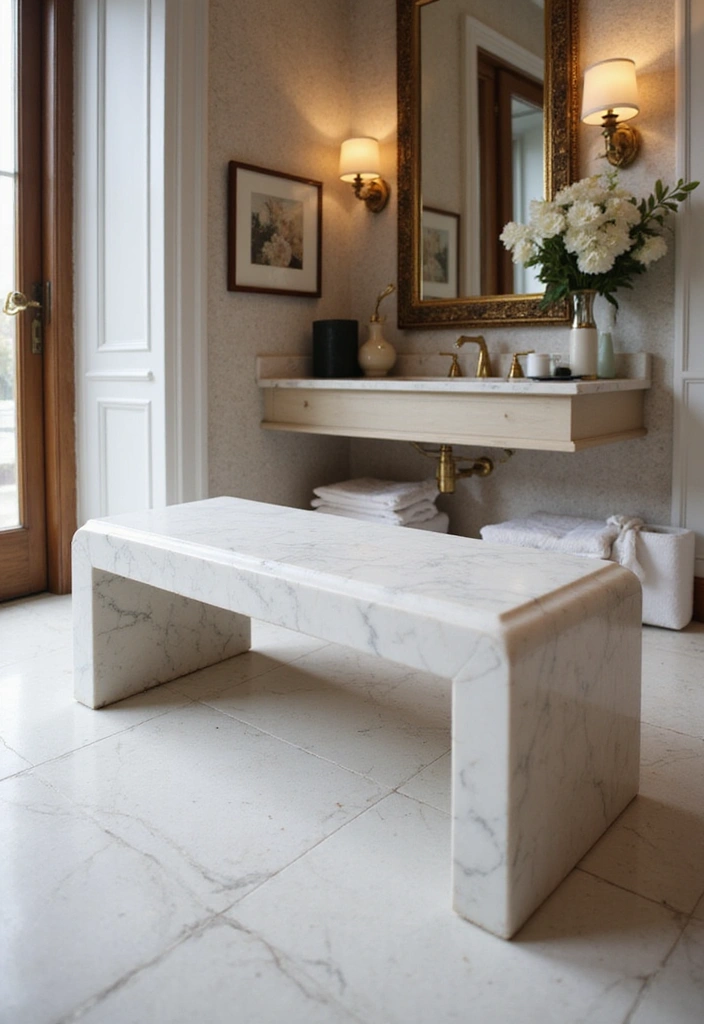 29 Bathroom Bench Ideas That Add Comfort and Functionality - 21. Elegant Marble Bench