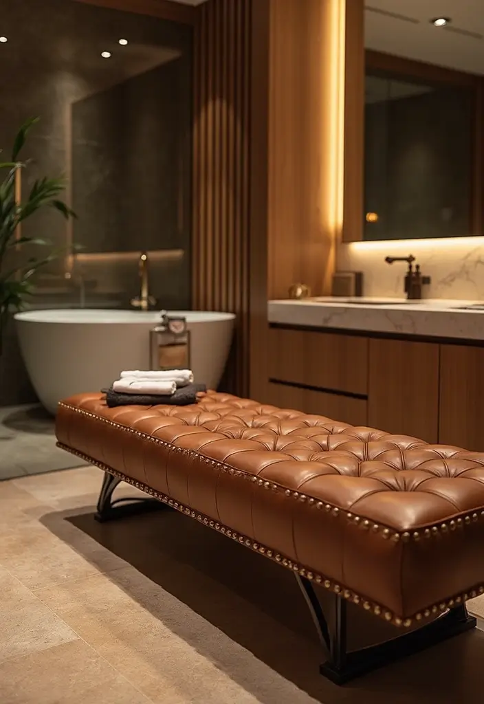 29 Bathroom Bench Ideas That Add Comfort and Functionality - 26. Elegant Leather Bench