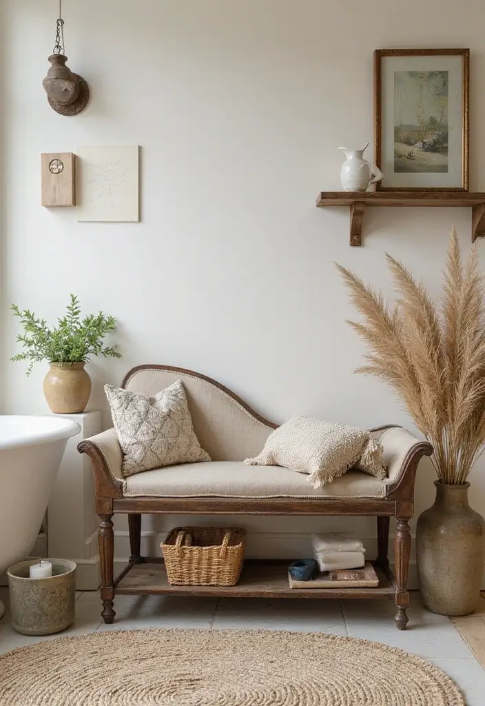 29 Bathroom Bench Ideas That Add Comfort and Functionality - 3. Vintage Chic Bench