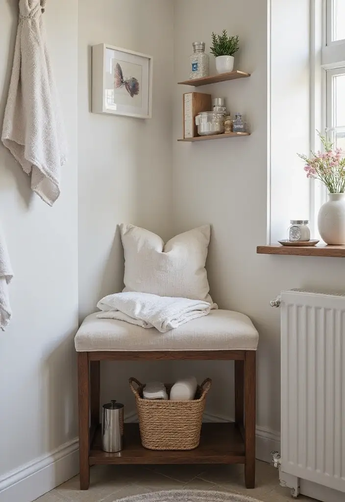 29 Bathroom Bench Ideas That Add Comfort and Functionality - 7. Compact Corner Bench