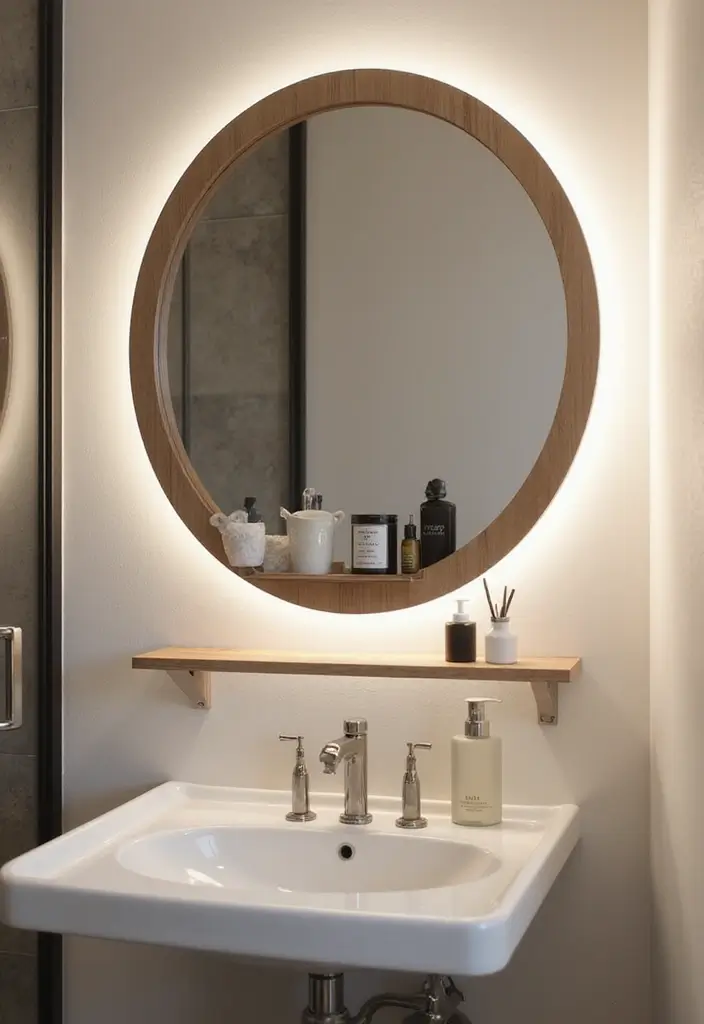29 Bathroom Circle Mirror Designs That Feel Minimal - 14. Bathroom Circle Mirror with Shelf