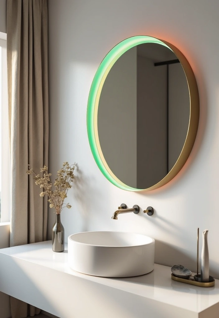 29 Bathroom Circle Mirror Designs That Feel Minimal - 15. Round Mirror with a Colored Edge