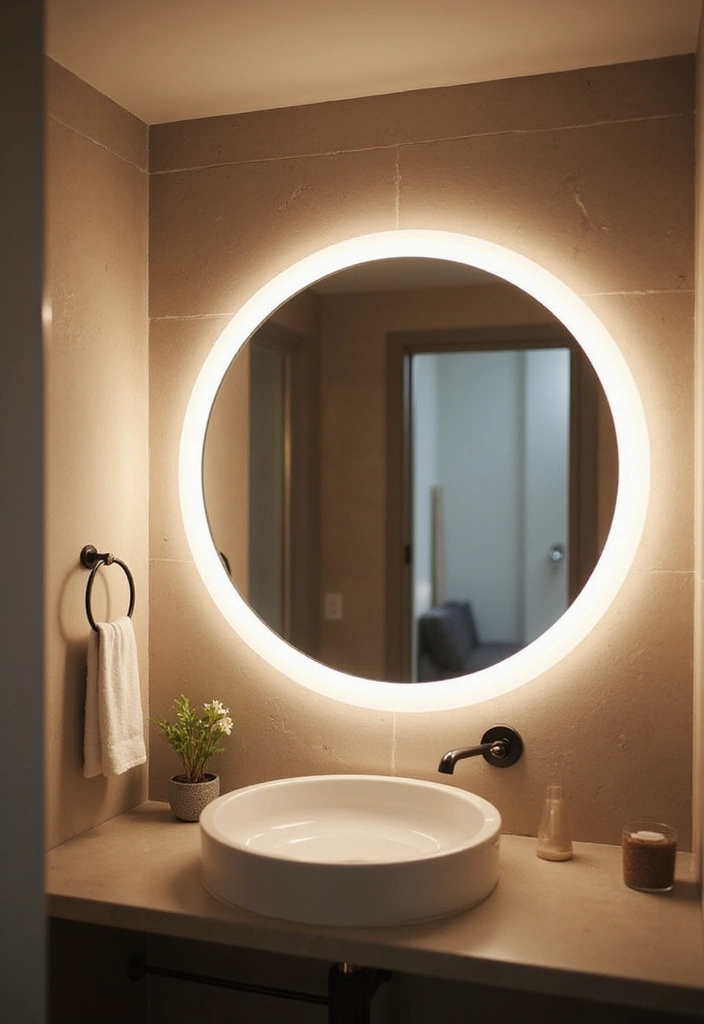 29 Bathroom Circle Mirror Designs That Feel Minimal - 17. Circular Mirror with Integrated Lighting