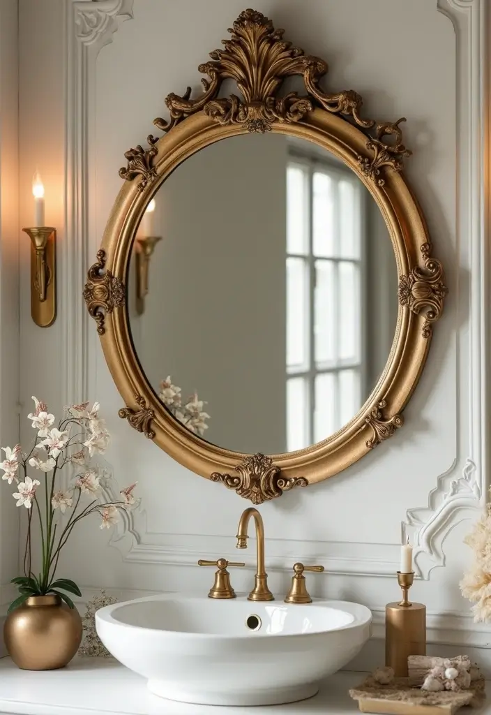 29 Bathroom Circle Mirror Designs That Feel Minimal - 18. Round Vintage Mirror with Ornate Frame