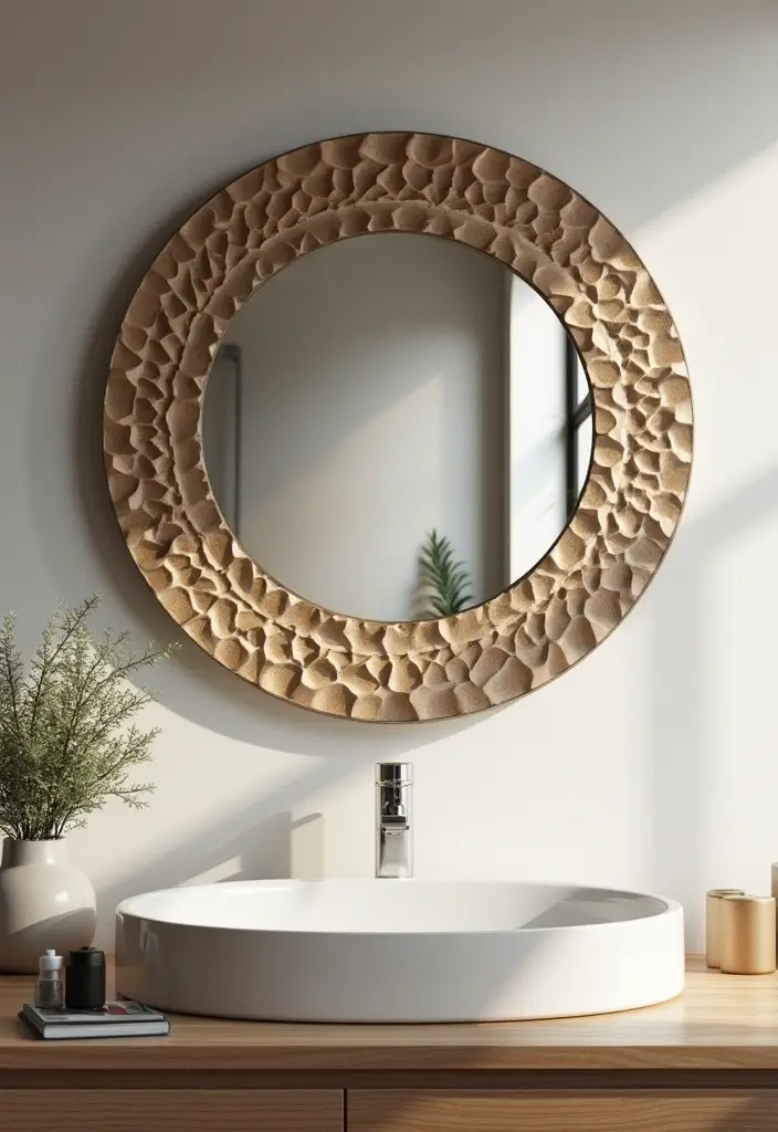 29 Bathroom Circle Mirror Designs That Feel Minimal - 20. Artistic Textured Circle Mirror