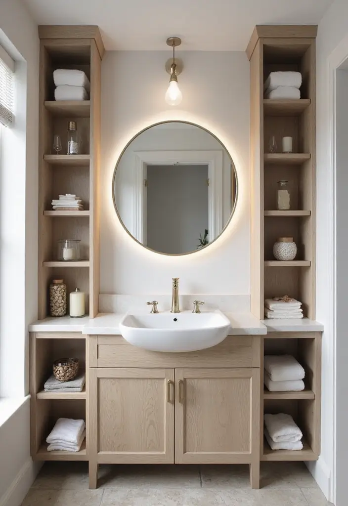 29 Bathroom Circle Mirror Designs That Feel Minimal - 21. Circle Mirror with Built-In Storage
