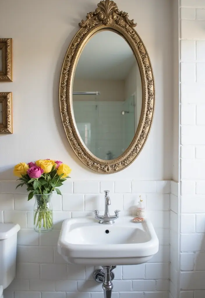 29 Bathroom Circle Mirror Designs That Feel Minimal - 22. Circular Mirror with a Decorative Border