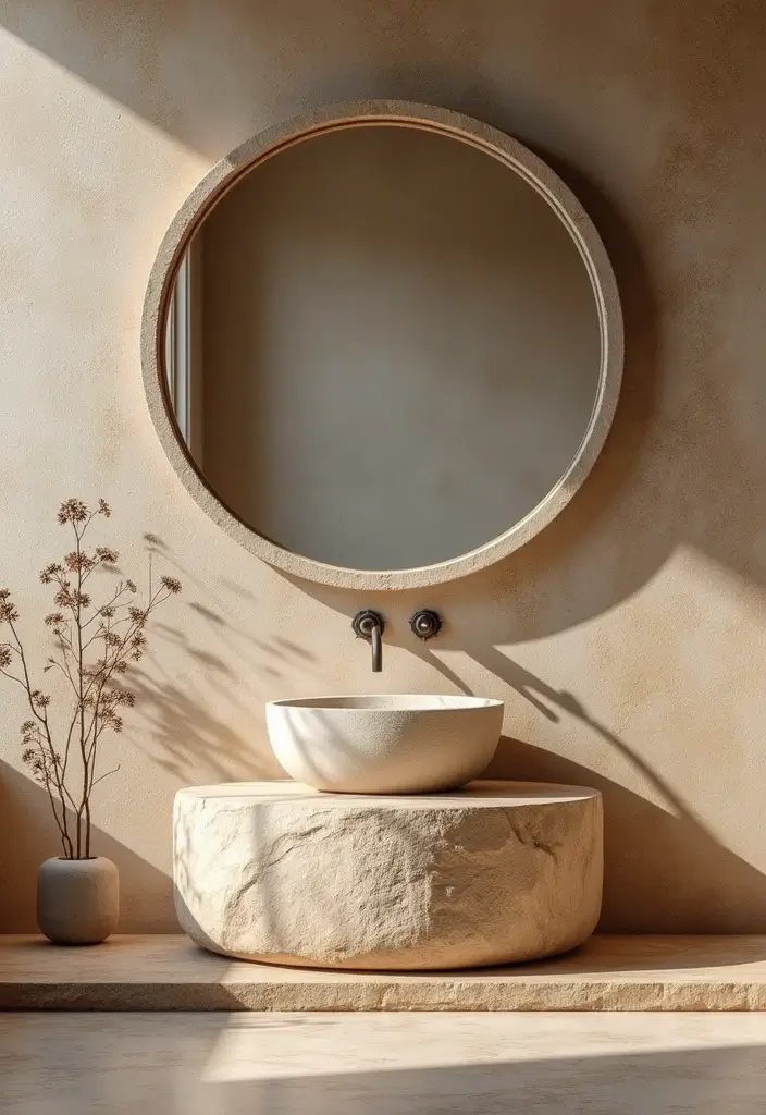 29 Bathroom Circle Mirror Designs That Feel Minimal - 23. Round Mirror with Natural Stone Frame