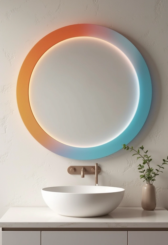 29 Bathroom Circle Mirror Designs That Feel Minimal - 25. Circle Mirror with a Gradient Frame
