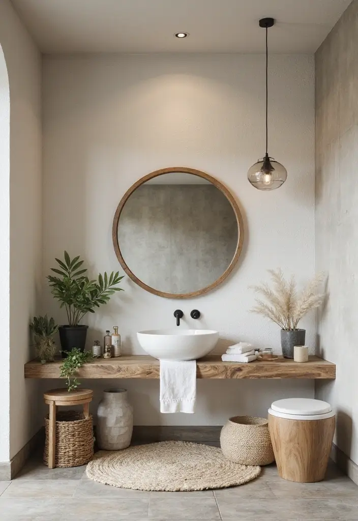 29 Bathroom Circle Mirror Designs That Feel Minimal - 28. Circle Mirror with Nature-Inspired Elements