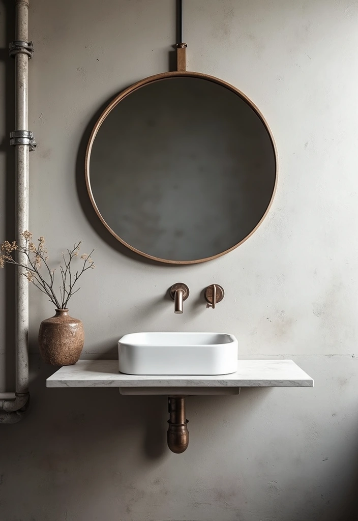 29 Bathroom Circle Mirror Designs That Feel Minimal - 5. Industrial Metal Circle Mirror