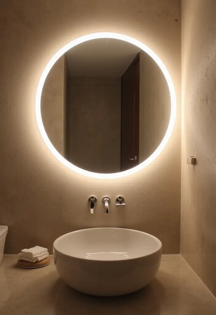 29 Bathroom Circle Mirror Designs That Feel Minimal - 7. Backlit Circle Mirror