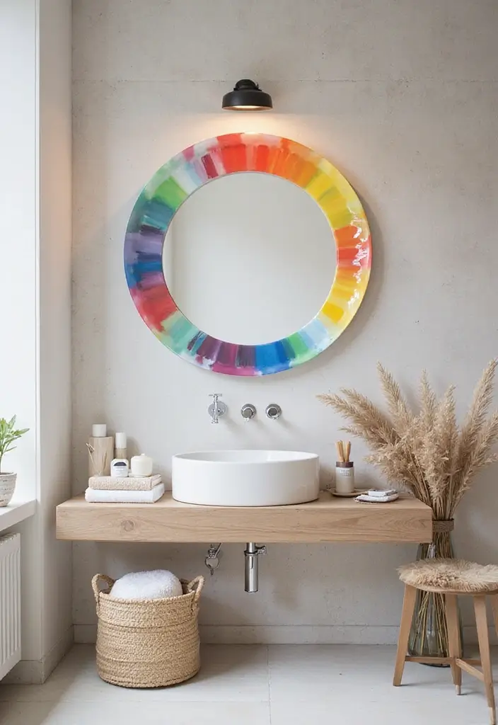 29 Bathroom Circle Mirror Designs That Feel Minimal - 8. Colorful Circle Mirror