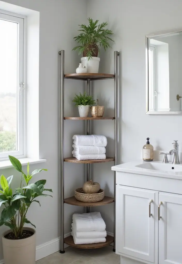 29 Bathroom Corner Decor Ideas That Utilize Every Space - 1. Corner Shelving Units