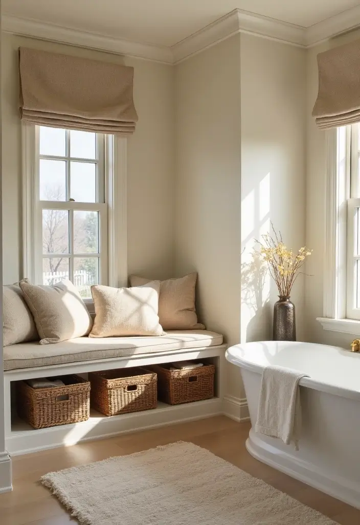 29 Bathroom Corner Decor Ideas That Utilize Every Space - 10. Corner Bench Seating