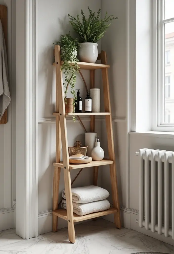 29 Bathroom Corner Decor Ideas That Utilize Every Space - 11. A Freestanding Corner Shelf