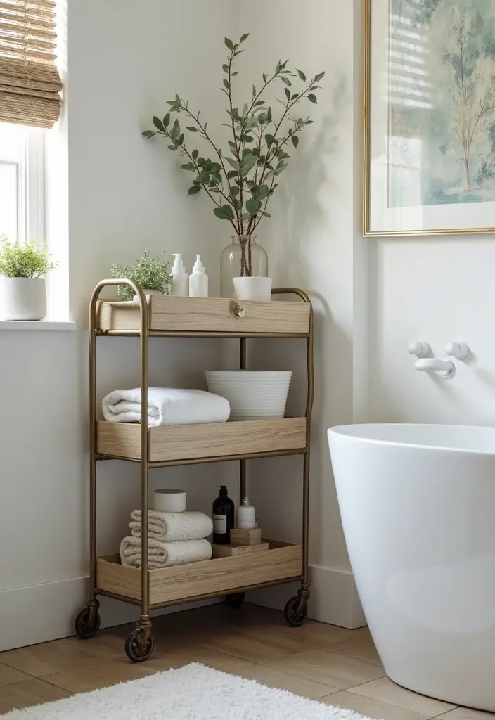 29 Bathroom Corner Decor Ideas That Utilize Every Space - 15. Corner Storage Trolleys