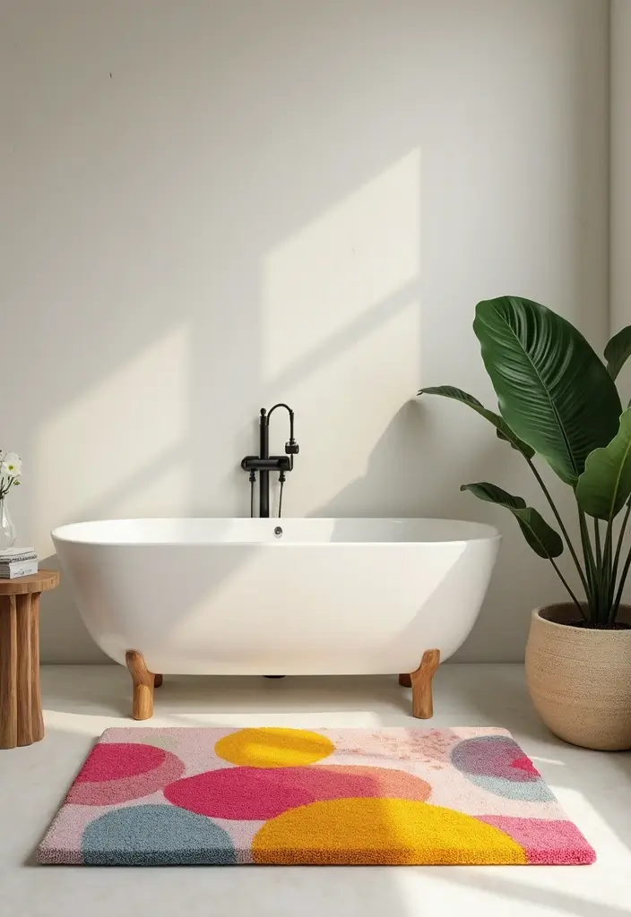 29 Bathroom Corner Decor Ideas That Utilize Every Space - 16. Colorful Bath Mats