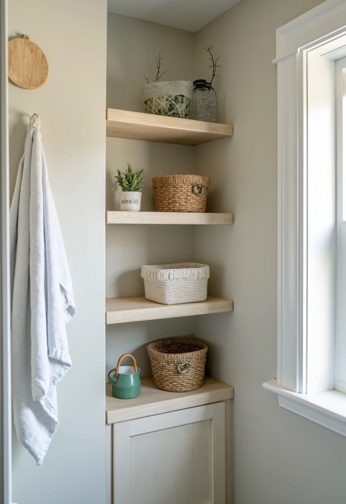 29 Bathroom Corner Decor Ideas That Utilize Every Space - 21. Corner Shelving with Baskets