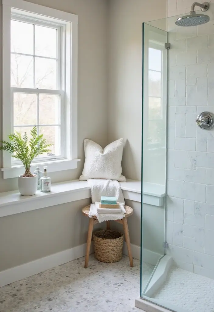 29 Bathroom Corner Decor Ideas That Utilize Every Space - 28. Corner Shower Bench