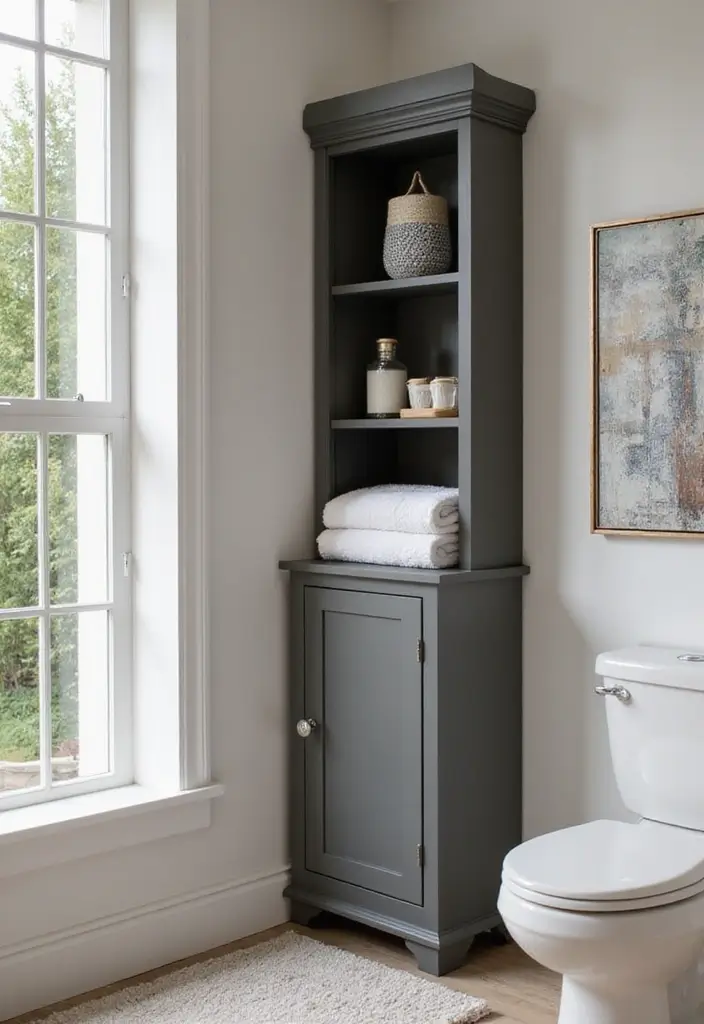 29 Bathroom Corner Decor Ideas That Utilize Every Space - 5. Stylish Corner Cabinets