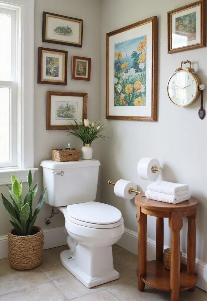 29 Bathroom Corner Decor Ideas That Utilize Every Space - 8. Artful Corner Displays