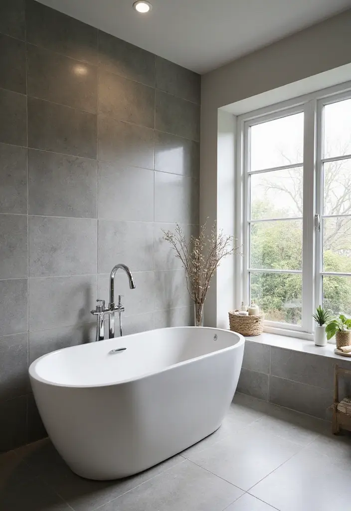 29 Bathroom Ideas Grey Tiles That Create Timeless Style - 17. Grey Tiles in a Freestanding Tub Space