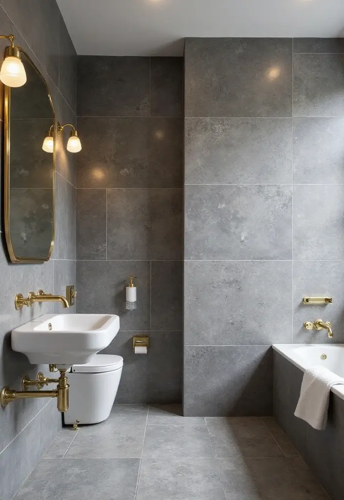 29 Bathroom Ideas Grey Tiles That Create Timeless Style - 18. Grey Tiles with Gold Accents